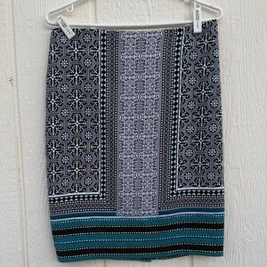 Cleo Petites Size 8 Bohemian Floral Skirt Black and White Teal Border Lined